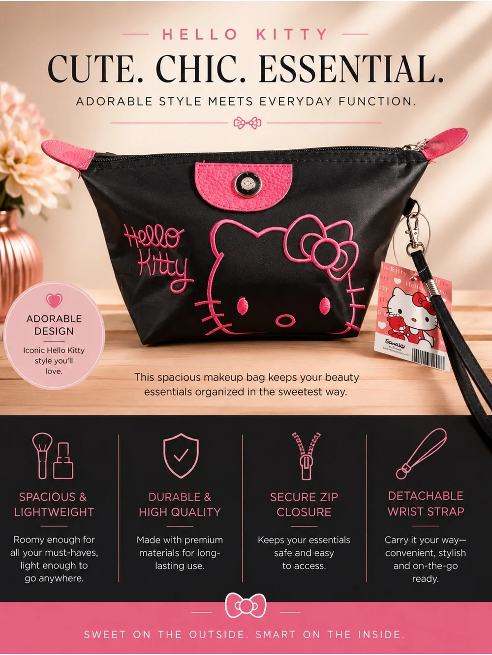 Hello Kitty Black and Hot Pink Makeup Pouch with Wristlet Strap
